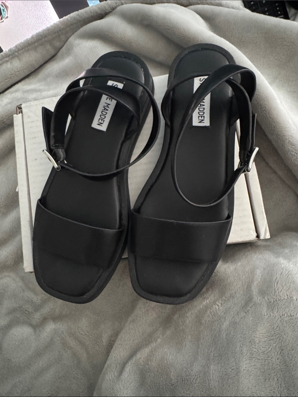 Steve Madden Black Square-Toe Slim Ankle-Strap Sandals